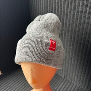Tesla Grey Knit Cuffed Mens Beanie Hat with Red Logo Tag